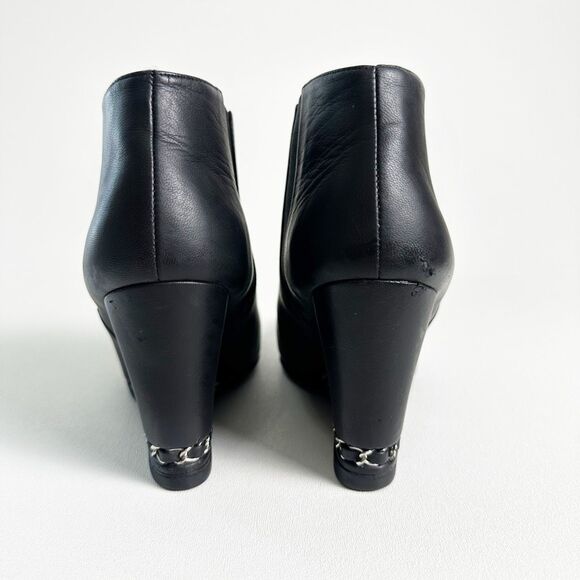 CHANEL Black Chain Wedge Heel Chelsea Boots Size 38.5 CC Logo Booties Leather - Picture 10 of 13